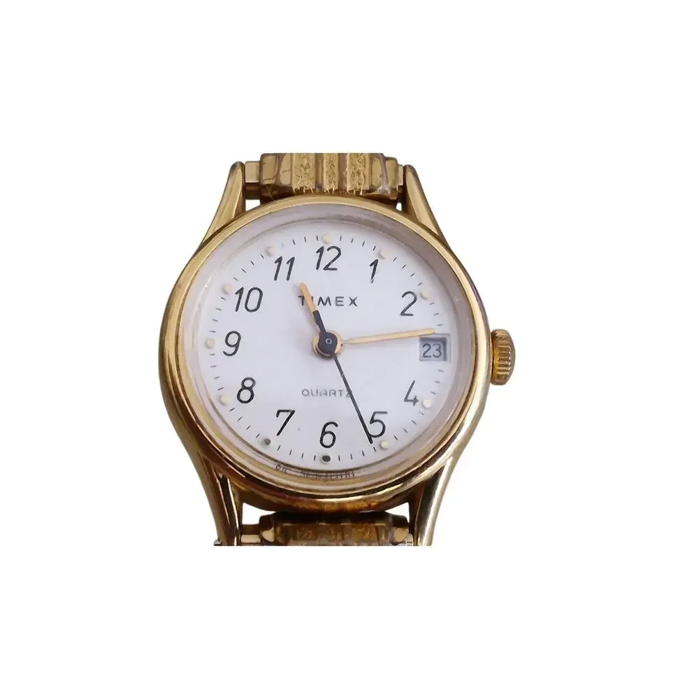 Timex Womens White Dial Gold Trim New Battery Metal Band Date Classic Cocktail